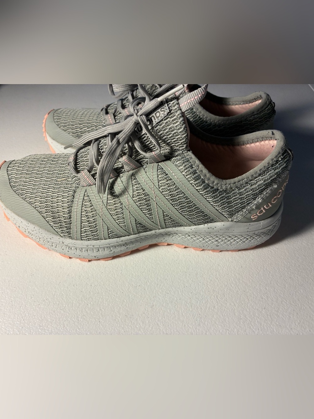 Saucony Women's Sage Gray Knit Sneakers with Pink Accents Size 7.5